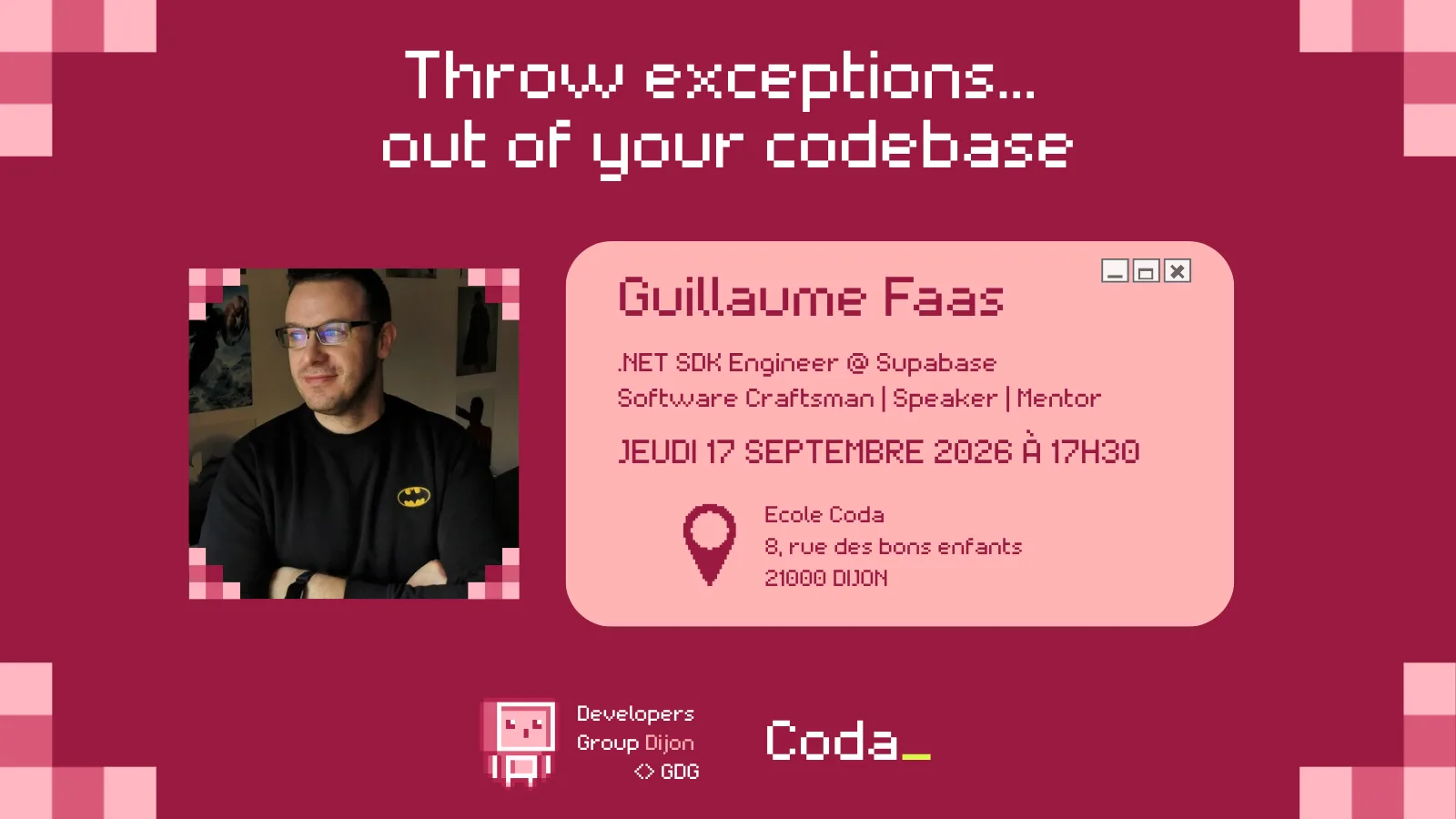 Couverture de l’événement du Developers Group Dijon "Throw exceptions… out of your codebase" par Guillaume Faas